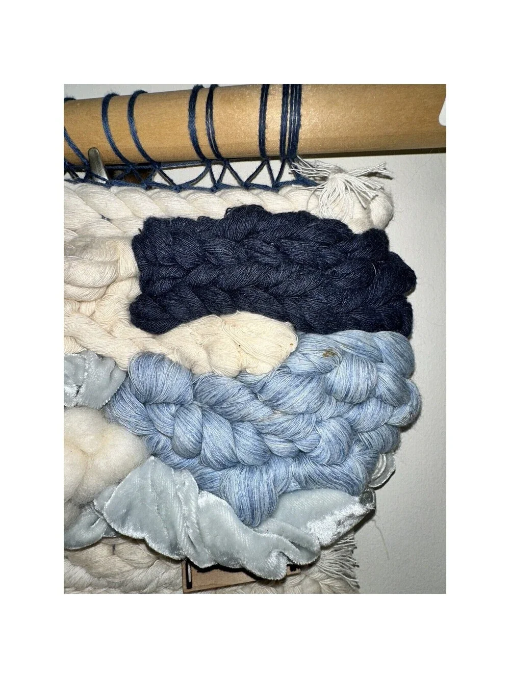 Handmade Roving Wool Velvet Tapestry Wall Hanging Bohemian Boho Ivory Blue 15
